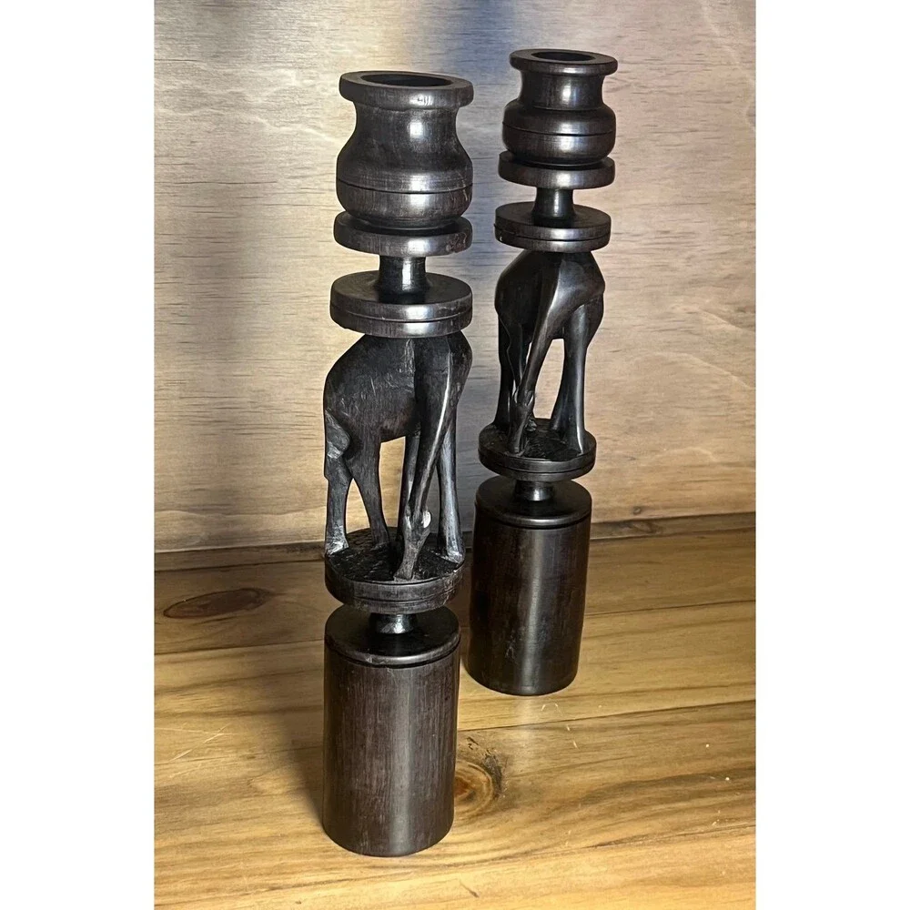 Vintage Wood Giraffe Candlesticks Set Boho Safari Decor Dark Wood Candle Holders